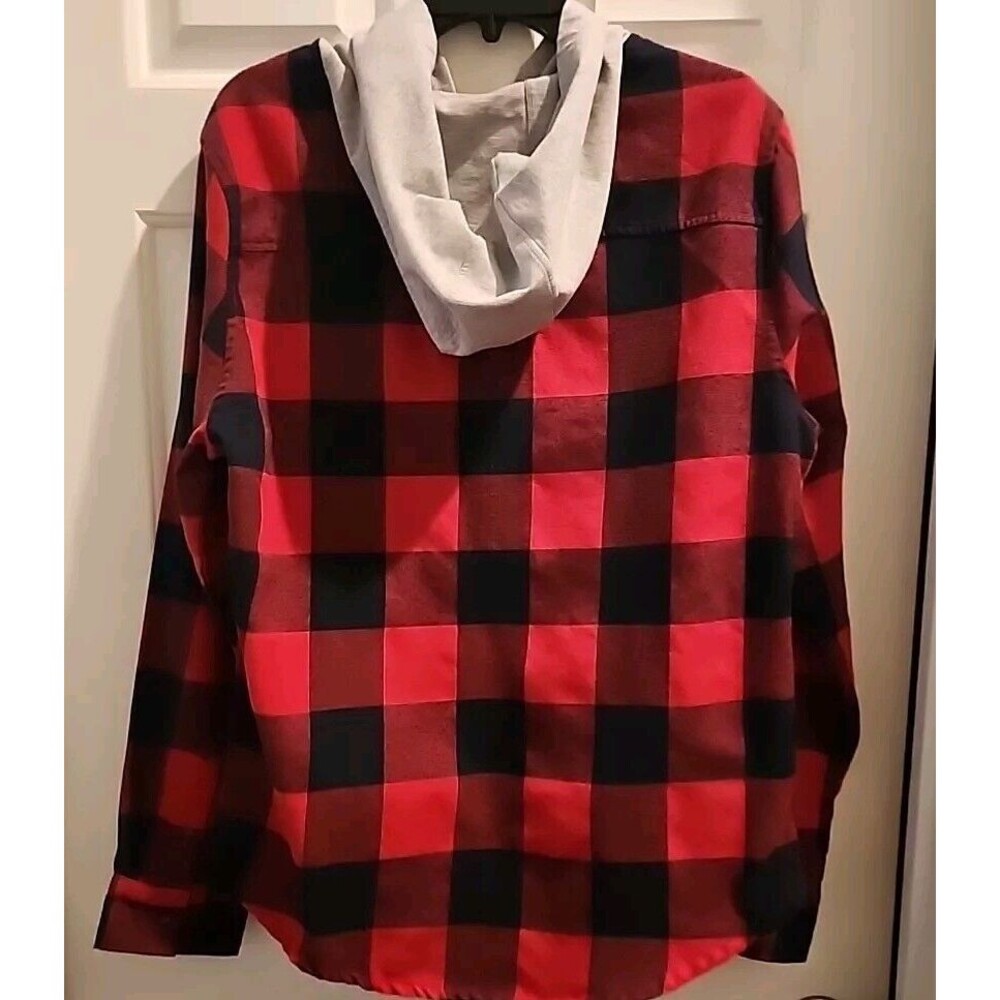 AFWD Mens XL Red Black Plaid Hoodie Button Down Shirt Long Sleeve - Picture 3 of 6